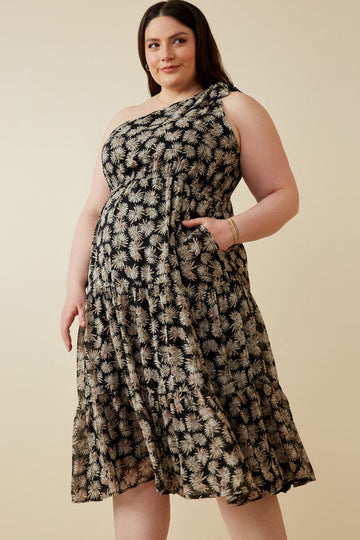 HY7033 BLACK Womens Floral Print One Shoulder Tiered Dress Pose
